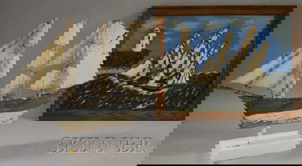 Framed Folk Carved and Painted Wood Ship and Ligh: Framed Folk Carved and Painted Wood Ship and Lighthouse Scenic Panel and a Painted Wood and Tin Three-Masted Sailing Ship Weather Vane, overall panel 18 1/2 x 23 1/2 in.