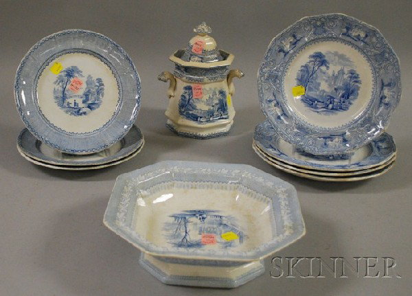 Nine Pieces of English Light Blue and White Trans: Nine Pieces of English Light Blue and White Transfer-decorated Staffordshire Tableware, including a Lozere pattern waste jar and set of four plates, a footed serving dish, and a set of three plates.
