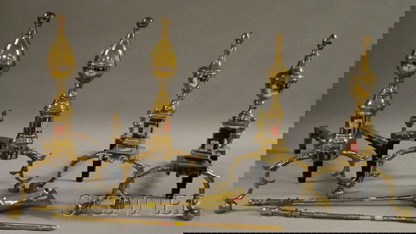 Two Pairs of Brass Andirons and Two Steel and Bra: Two Pairs of Brass Andirons and Two Steel and Brass Fireplace Tools, andiron ht. 18 1/4 and 19 3/4 in.