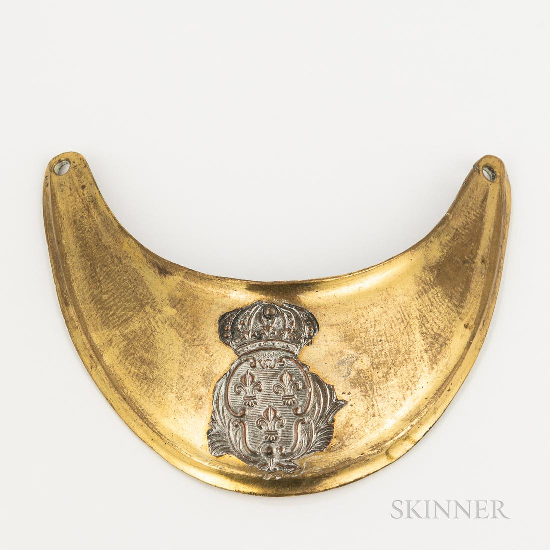 Rare French Officer's Gorget: Rare French Officer's Gorget, France, third quarter 18th century, cast brass gorget with narrow upturned lip at the top and raised line decoration along the bottom edge, silvered stamped sheet copper