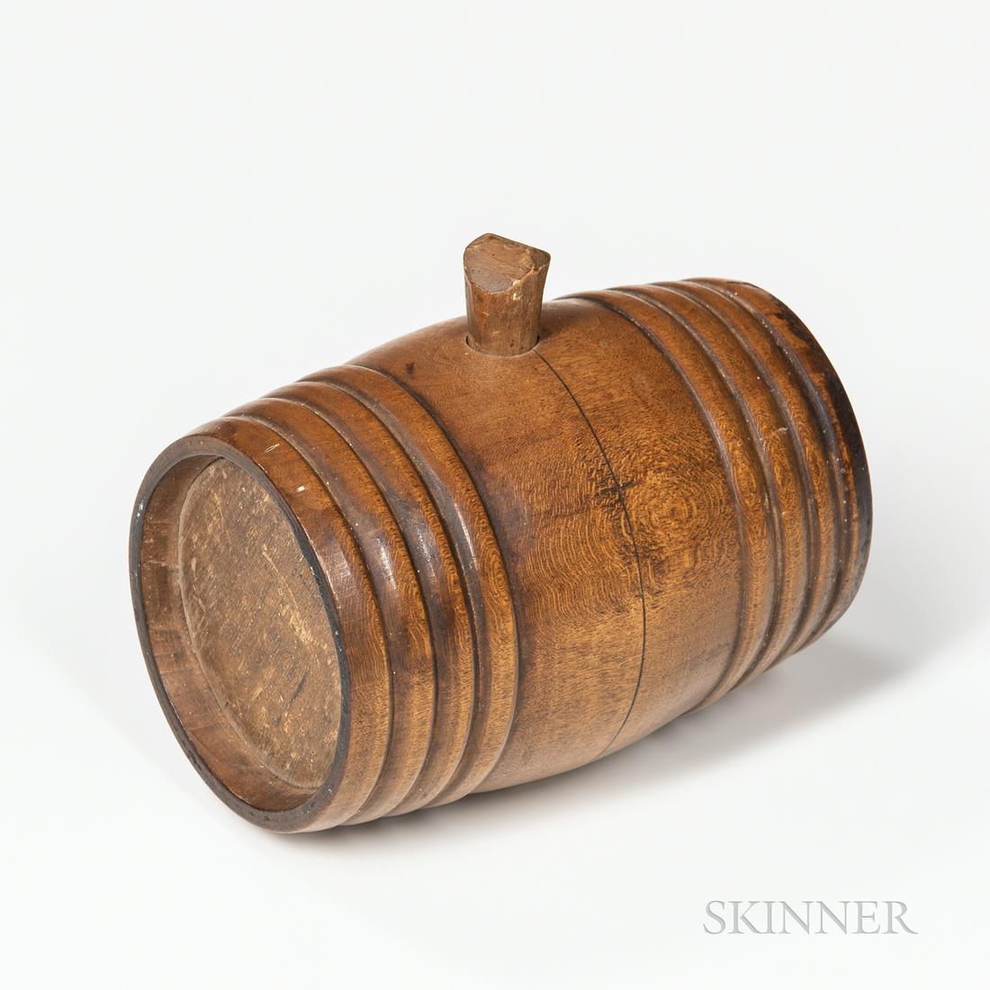 Small Turned Barrel-form Wood Canteen: Small Turned Barrel-form Wood Canteen, America, 1773, the maple body turned from single piece with four turned "bands" at each end, the maple heads marked in stipple letters "IR" on one end and "MSD/1