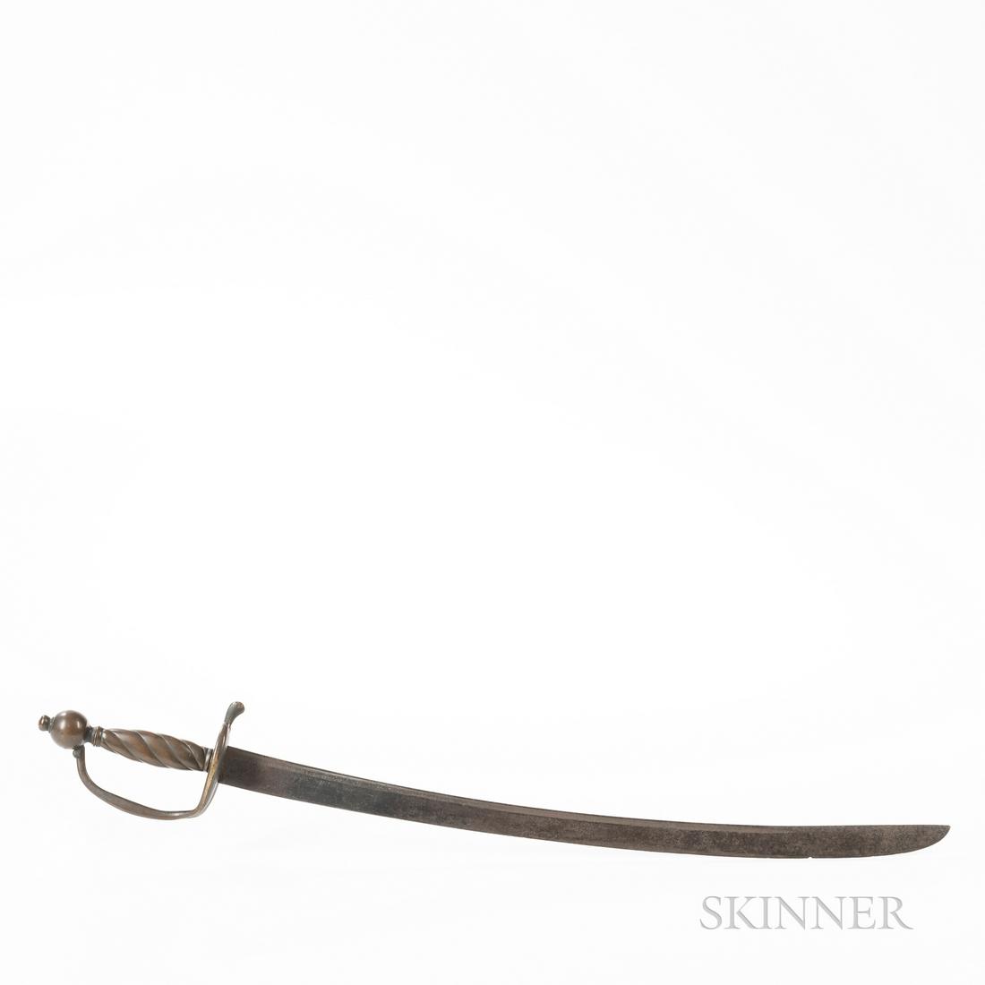 Prussian Infantry Hanger: Prussian Infantry Hanger, c. 1740-1780, brass hilt, heart-shaped guard with recessed panels and forward quillon, thick knuckle bow extending to a round pommel, wide spiral cast grip, on a curved singl