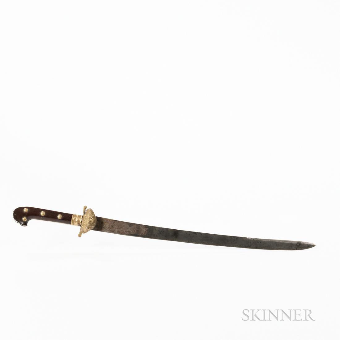 Austrian/Balkan Hunting Sword: Austrian/Balkan Hunting Sword, mid-18th century, brass hilt with hardwood grip secured by four large brass rivets, small cast brass shell counter guard decorated with rococo motifs, slightly curved si
