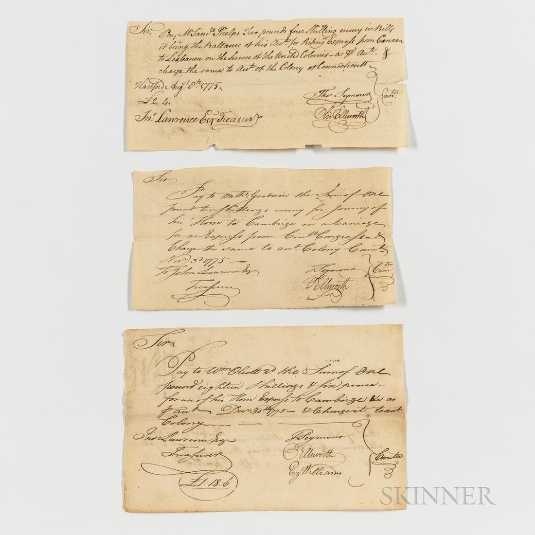 Three Documents Paying Express Riders, 1775: Three Documents Paying Express Riders, 1775, each written from Hartford, Connecticut, one dated August 8, 1775, to pay Samuel Phelps 2 Pounds, 4 Shillings for "Riding Express from Canaan to Leabanon o