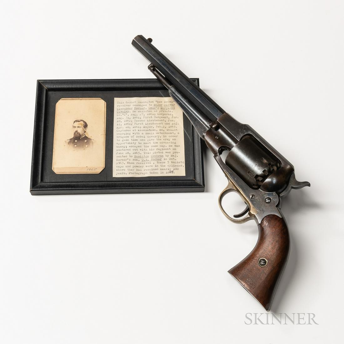 Major Oliver Alexander Horner's Remington New Model: Major Oliver Alexander Horner's Remington New Model Army Revolver and Associated Items, c. 1863, serial number 58569, .44 caliber, steel frame marked on the left side "W" above the cock screw and "P" 
