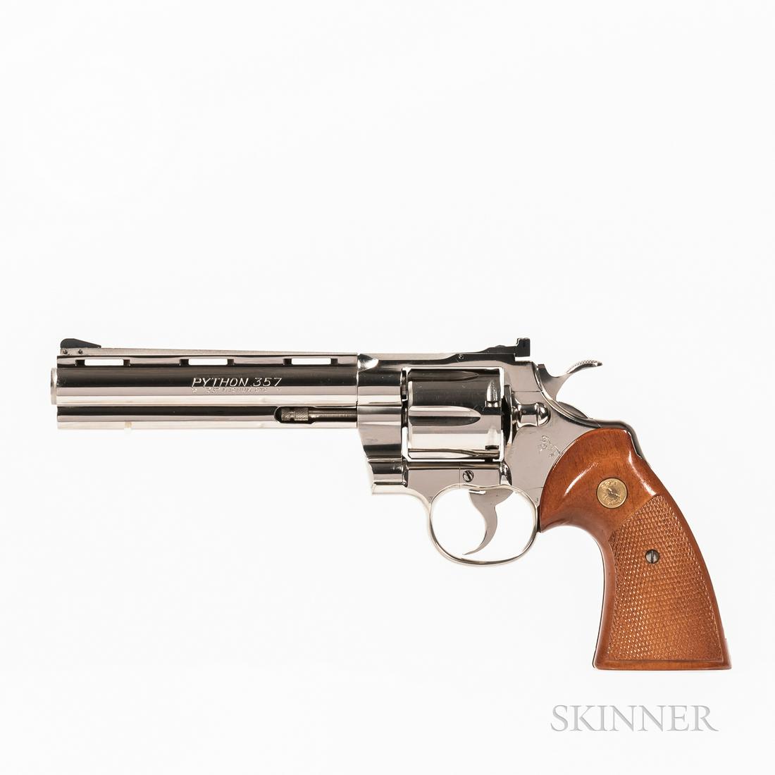 Colt Python Double-action Revolver Acquired for the: Colt Python Double-action Revolver Acquired for the James Bond Film, The Man with the Golden Gun, 1974, serial number E60096, .357 Magnum caliber, nickel finish, 6 in. barrel with black ramp sight sec