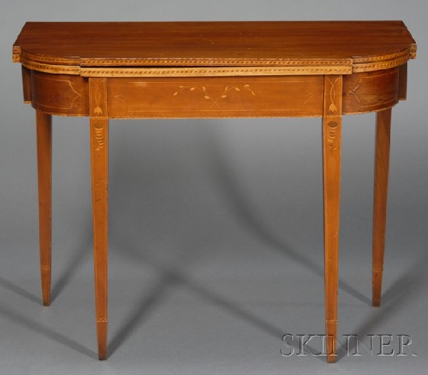 Federal Birch and Cherry Inlaid Card Table, eastern: Federal Birch and Cherry Inlaid Card Table, eastern Massachusetts, c. 1800, with inlays of leafy sprigs, bellflowers, and cornucopias, (imperfections), ht. 28 1/4, wd. 35, dp. 16 1/2 in.
