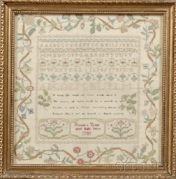 Needlework Sampler, "Hannah Tuthill Aged Eight Year: Needlework Sampler, "Hannah Tuthill Aged Eight Years 1789," England, executed with silk threads on a wool gauze ground, with a flowering vine enclosing rows of alphabets, flowers, and a pious verse in