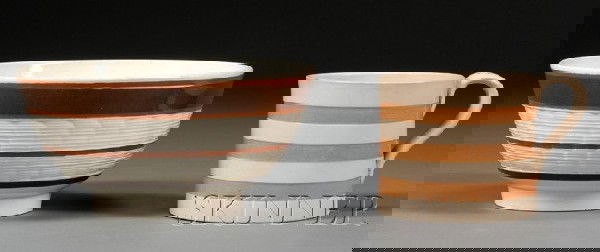 Earthenware Bowl and Porter Mug, Britain, early 19: Earthenware Bowl and Porter Mug, Britain, early 19th century, a creamware hemispherical bowl, banded in browns with S-curved engine-turning together with a yellow-bodied porter mug with brown slip ban