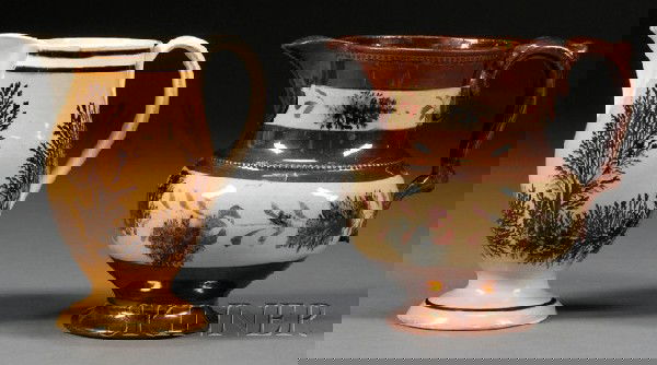 Copper Luster and Mocha Jug and Footed Pearlware M: Copper Luster and Mocha Jug and Footed Pearlware Mocha Jug, Britain, c. 1800-25, the copper luster jug with red earthenware banded in cream slip with black dendritic markings; the pearlware jug with b