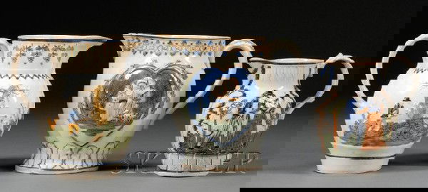 Three Pratt-type Earthenware Pitchers, England, ea: Three Pratt-type Earthenware Pitchers, England, early 19th century, with typical Pratt coloration with molded relief designs, one depicting a sailor's farewell and return, one depicting children at pl