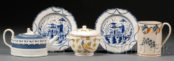 Five English Pearlware Table Items, late 18th/earl: Five English Pearlware Table Items, late 18th/early 19th century, an oval teapot with recumbent lion finial on the cover, molded with a band of swags and tassels, and reeded band around base, acanthus