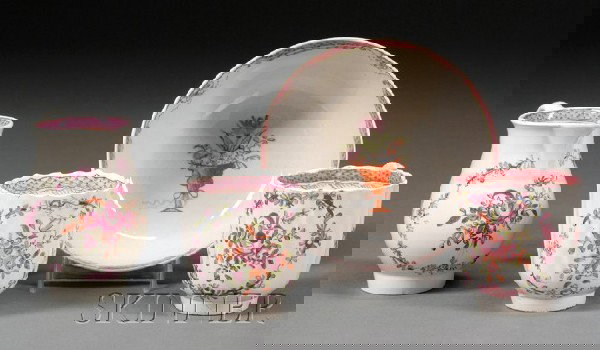 Four Pearlware Table Items, England, early 19th ce: Four Pearlware Table Items, England, early 19th century, a small bowl, two cups and a small creamer, with pink floral decoration, (chips, hairline), ht. 2 1/2-3 1/2, bowl dia. 4 3/4 in.