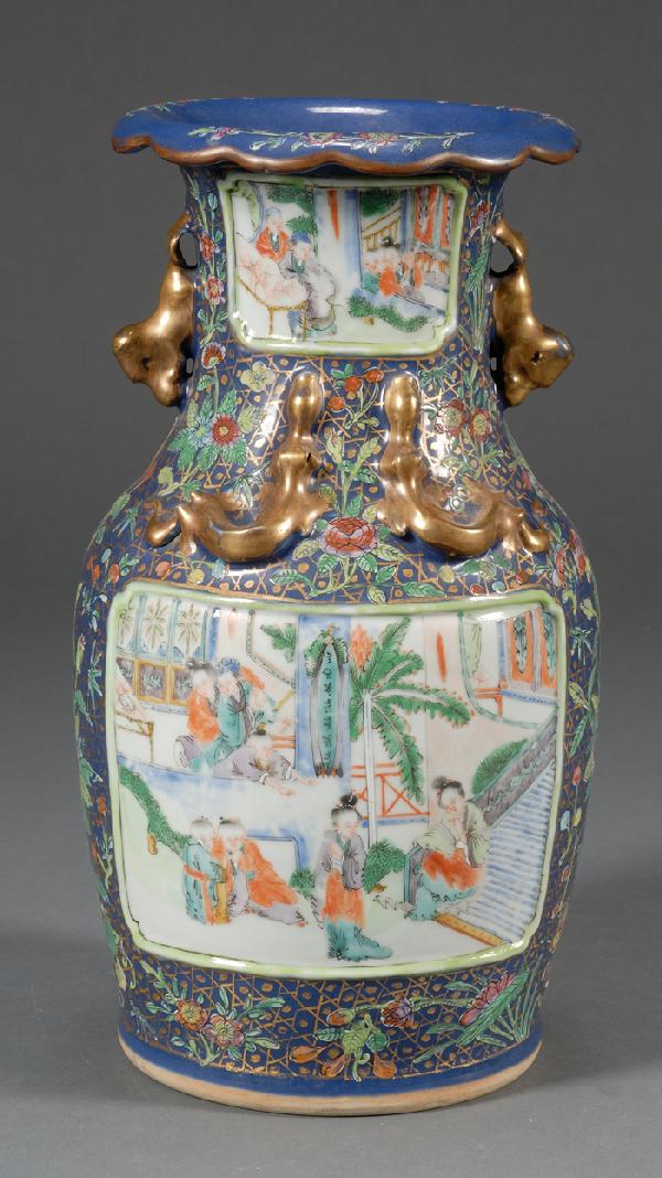 Chinese Export Porcelain Vase, made for the Middle: Chinese Export Porcelain Vase, made for the Middle Eastern market, early 19th century, underglaze blue with gilt latticework and flowers surrounding panels depicting Mandarin figures in a courtyard, w