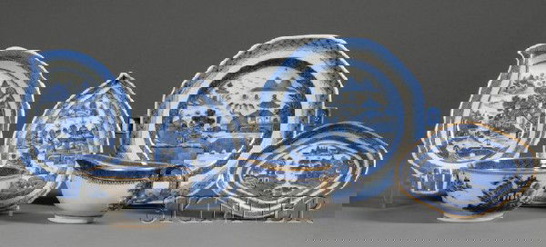 Six Chinese Export Blue and White Porcelain Table: Six Chinese Export Blue and White Porcelain Table Articles, early to late 19th century, including three Imperial Nanking: a sauceboat, a lozenge-form dish, and a small bowl; and three Canton: a hot wa