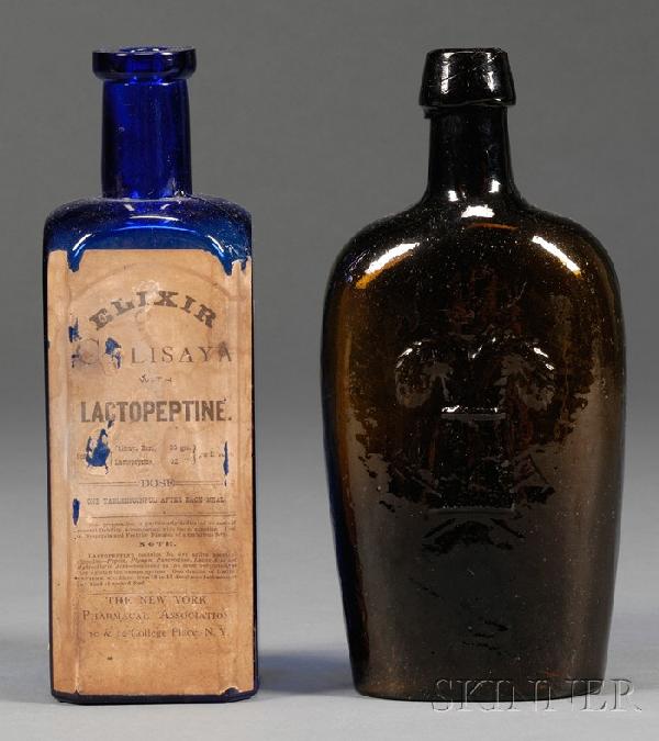 Amber Westford Glass/Sheaf of Wheat Flask and Coba: Amber Westford Glass/Sheaf of Wheat Flask and Cobalt Blue Medicine Bottle, late 19th century, the Westford Glass/Sheaf of Wheat flask with applied tapered lip, one side with raised sheaf of wheat, and