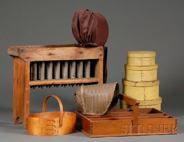 Nine Assorted Early Household Items, America, 19th: Nine Assorted Early Household Items, America, 19th century, a lap-seamed oval maple and pine carrier with swing handle, four round yellow-painted graduating pantry boxes, two Shaker bonnets, one cover