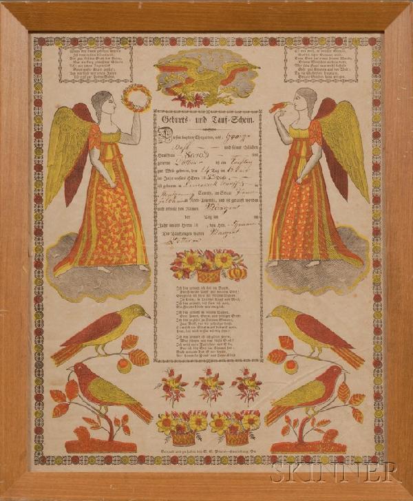 Two Framed Pennsylvania German Printed Frakturs, l: Two Framed Pennsylvania German Printed Frakturs, late 18th/early 19th century, a birth and baptism record dated 1797, printed by John S. Wiestling, Harrisburg, with hand-colored accents, with central 