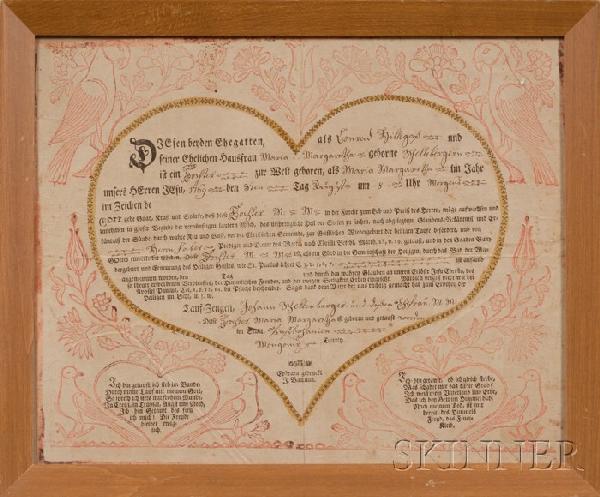 Two Framed Printed Frakturs with Hand-coloring, Pe: Two Framed Printed Frakturs with Hand-coloring, Pennsylvania, early 19th century, a Pennsylvania German fraktur by J. Bauman, printed in red and black with central heart surrounded by tulips, birds, a