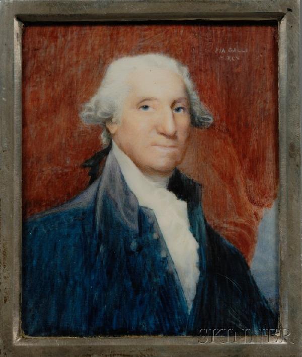 Italian School Portrait Miniature of George Washin: Italian School Portrait Miniature of George Washington, after Gilbert Stuart, late 19th/early 20th century, signed "Pia Galli MIXCV" u.r., watercolor on ivory, 3 x 2 1/2 in., housed in a rectangular s