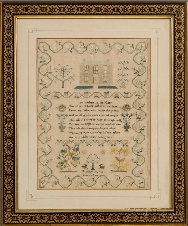 Needlework Sampler, "Elizabeth White June 16th 182: Needlework Sampler, "Elizabeth White June 16th 1827," executed in silk threads on a wool gauze ground, with a house flanked by a tree and a potted plant over a pious verse, baskets of fruit, potted pl