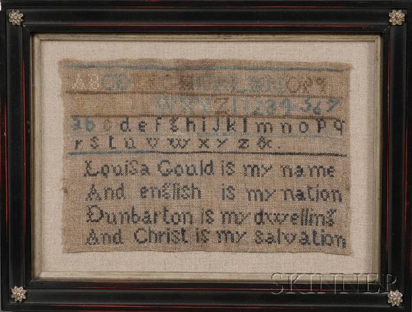 Needlework Sampler, Louisa Gould, probably New Ham: Needlework Sampler, Louisa Gould, probably New Hampshire, early 19th century, stitched in silk threads on a linen ground with rows of alphabets above the verse "Louisa Gould is my name/And English is