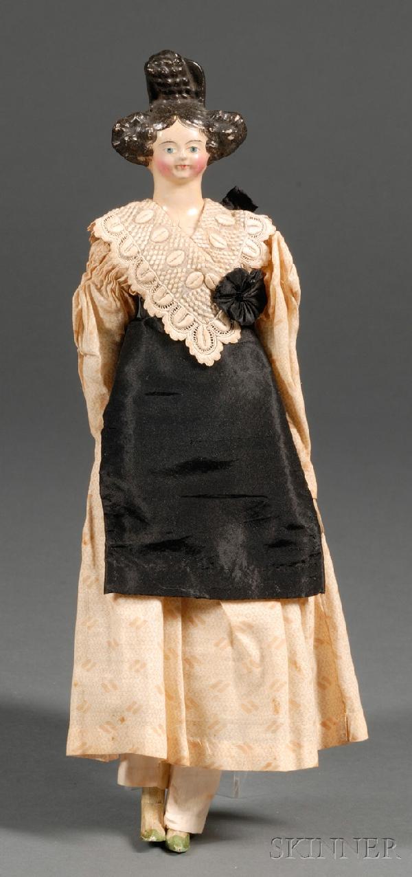 Papier-mache Milliner's Model Type Doll, Germany, : Papier-mache Milliner's Model Type Doll, Germany, c. 1840, with painted molded features, milliner-type kid body with wooden arms and legs, Apollo knot hairstyle, blue painted eyes, green-painted shoes