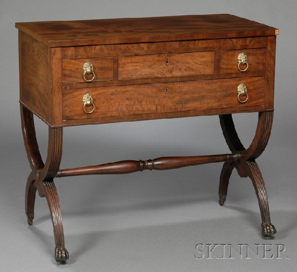 Federal Carved Mahogany and Mahogany Veneer Dressi: Federal Carved Mahogany and Mahogany Veneer Dressing Table, New York, c. 1810-20, with compartmented central drawer and curule legs, brasses appear to be original, (probably lacks mirror, other imperf