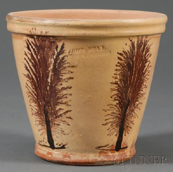 Mocha-decorated Redware Flowerpot, John Bell, Wayn: Mocha-decorated Redware Flowerpot, John Bell, Waynesboro, Pennsylvania, c. 1765, red earthenware dipped in pale ochre slip with bold dark brown "trees," impressed mark on side "JOHN BELL WAYNESBORO,"