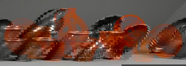 Nine Assorted Redware Items, America, early to mid: Nine Assorted Redware Items, America, early to mid-19th century, an ovoid jug with brown manganese streaks, a small pitcher, two wide-mouth preserve jars, two handled wide-mouth preserve jars, two sha