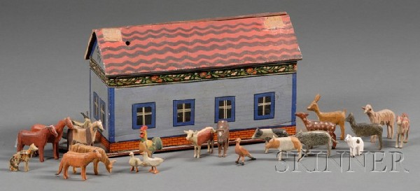 Painted Pine Noah's Ark and Animal Figures, German: Painted Pine Noah's Ark and Animal Figures, Germany, late 19th century, the ark with red-painted roof, blue and black sides, with floral and brick printed borders, together with twenty-three assorted 
