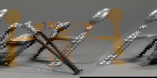 Pair of Brass and Iron Ball-top Andirons, Matching: Pair of Brass and Iron Ball-top Andirons, Matching Tongs, and a Cape Cod Lighter, America, early 19th century, the andirons with ball-top finials on columnar shafts with conforming log stops, with mat