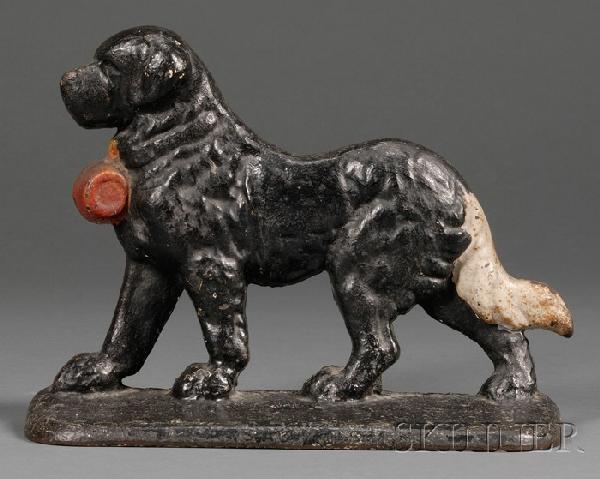 Painted Cast Iron St. Bernard Figural Doorstop, Am: Painted Cast Iron St. Bernard Figural Doorstop, America, early 20th century, old repainted surface, ht. 8 1/2, lg. 11 1/4 in.