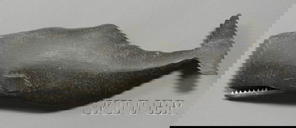Carved and Painted Sperm Whale Plaque, Clark Voorh: Carved and Painted Sperm Whale Plaque, Clark Voorhees, Lyme, Connecticut, c. 1960, signed with impressed artist's conjoined initials "CV" and "C. VOORHEES" on the reverse, (shrinkage crack on tail), h