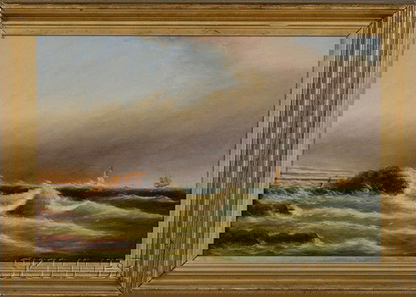 Clement Drew (American, 1806-1889) Minot's Light.: Clement Drew (American, 1806-1889) Minot's Light. Unsigned. Artist identified and titled on a Vose Galleries of Boston label affixed to the backing. Oil on canvas, 20 x 30 in., in a gilt-gesso frame.