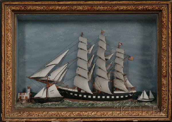 Shadow Box Ship Diorama, America, late 19th/early: Shadow Box Ship Diorama, America, late 19th/early 20th century, depicting a ship flying an American flag, smaller vessels, and lighthouse, with painted putty sea and painted background, (two loose lif