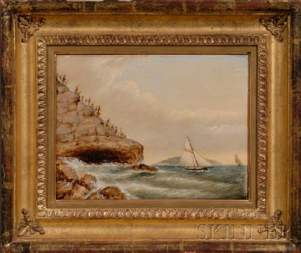 Clement Drew (American, 1806-1889) Schooner Head M: Clement Drew (American, 1806-1889) Schooner Head Mt. Desert. Signed "C. Drew" l.r., titled, signed, and indistinctly dated on the reverse. Oil on academy board, 9 x 11 3/4 in., in a period molded g