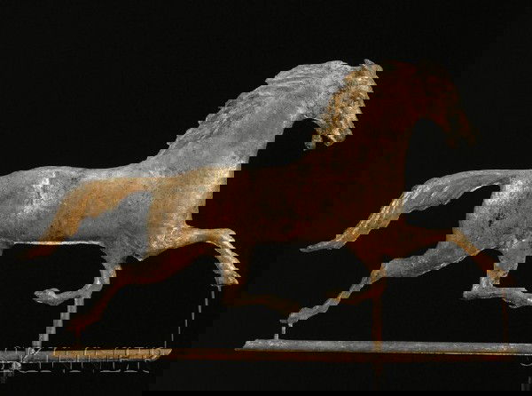 Molded Gilt Copper and Zinc Running Horse Weather: Molded Gilt Copper and Zinc Running Horse Weather Vane, America, late 19th/early 20th century, flattened molded sheet copper figure with zinc head, supported on a copper rod, no stand, (dents, soldere