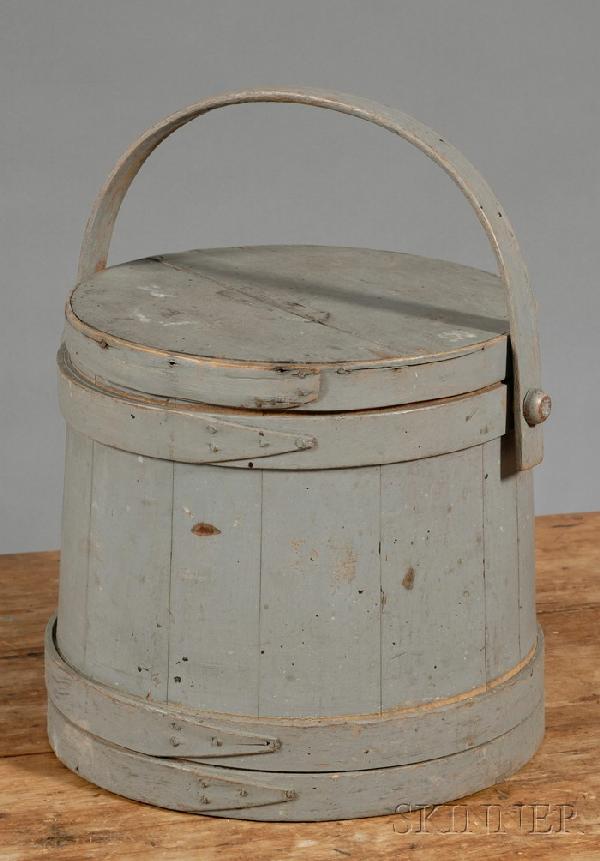 Gray-painted Pine Firkin, America, late 19th cent: Gray-painted Pine Firkin, America, late 19th century, stave and hoop construction with swing handle, (cracks on lid), ht. to top of lid 11 3/4 in.