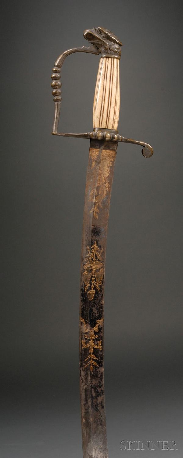 War of 1812 Officer's Eagle Pommel Sword and Anot: War of 1812 Officer's Eagle Pommel Sword and Another Short Sword, c. 1805-10, first with brass eagle head pommel, ribbed bone grip, curved blade having blued and gilt motifs of scrolled foliage and th