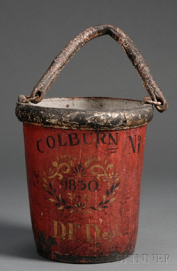 Painted Leather Detroit Fire Department Bucket, D: Painted Leather Detroit Fire Department Bucket, Detroit, c. 1830, the fire bucket painted red with "COLBURN No. 1" in black lettering above the year "1830" in a reserve bordered with gilt and black le