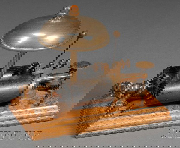 Brass Umbrella and Oak Fire Call Box Tapper, pos: Brass Umbrella and Oak Fire Call Box Tapper, possibly Boston, early 20th century, Morse code signal tapper could send telegraph messages from a call box back to the fire station, ht. 7, wd. 5 1/4, lg.