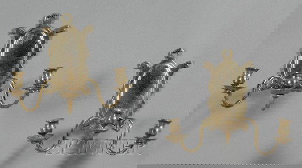 Pair of Brass Three-arm Wall Sconces, probably Am: Pair of Brass Three-arm Wall Sconces, probably America, late 18th century, the shaped wall mount with engraved animal head and paw feet, ht. 9, wd. 11 1/2, dp. 9 1/4 in.