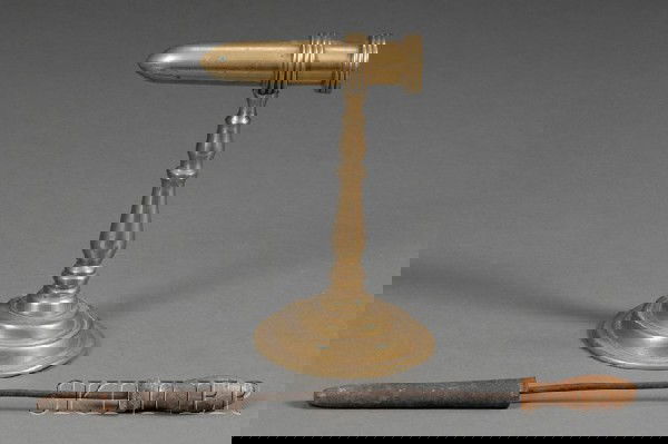 Brass Goffering Iron with Heater, possibly Englan: Brass Goffering Iron with Heater, possibly England, 18th century, the device used to iron ruffles, ribbons, flounces, and frills, iron heater with wooden handle is inserted into brass iron on stand, o