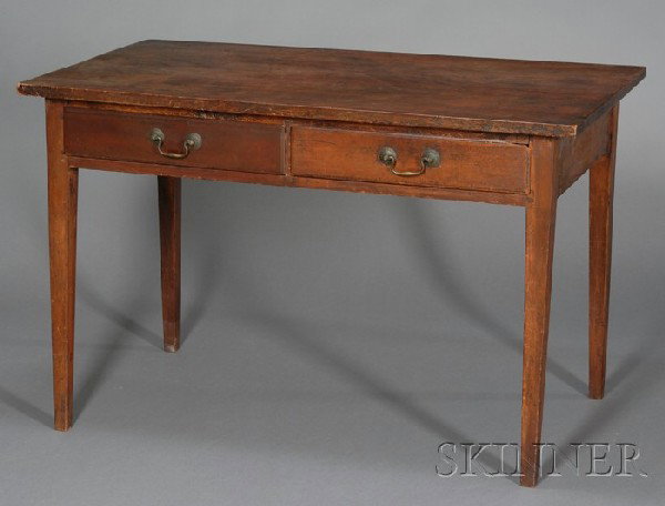 Federal Red-stained Cherry Table, probably southe: Federal Red-stained Cherry Table, probably southeastern New England, c. 1810, the rectangular top above a straight skirt with two thumb-molded drawers on tapering legs, replaced brasses old surface, (