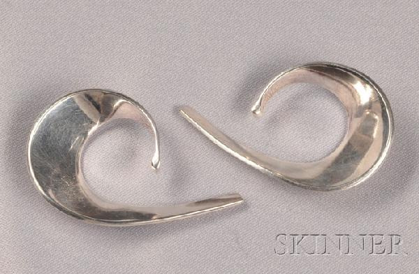 Sterling Silver "Sling" Earrings, Tone Vigeland, No: Sterling Silver "Sling" Earrings, Tone Vigeland, Norway, c. 1970s, lg. 1 7/8 in., hallmarks and maker's mark.