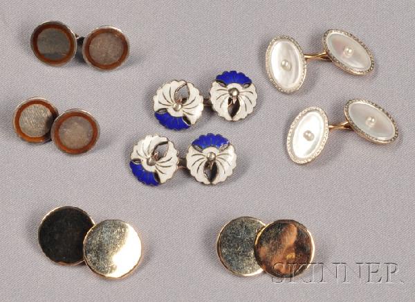 Four Pairs of Cuff Links, two sterling silver, one : Four Pairs of Cuff Links, two sterling silver, one with enamel rim, signed Gucci, the other gilt; an Edwardian mother-of-pearl and seed pearl pair, platinum and 14kt gold mount, maker's mark for Larte