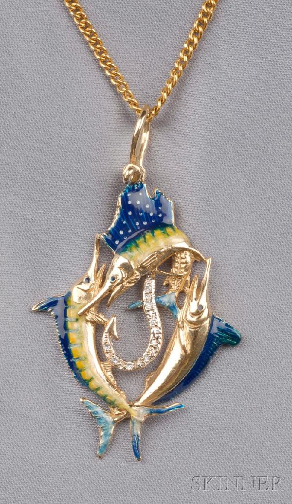 Enamel and Diamond Pendant Necklace, designed as t: Enamel and Diamond Pendant Necklace, designed as three basse taille enamel sail fish diving through a diamond hook, 14kt gold mount, suspended from an 18kt gold curb link chain, 14.3 dwt, lg. 2 1/2 an