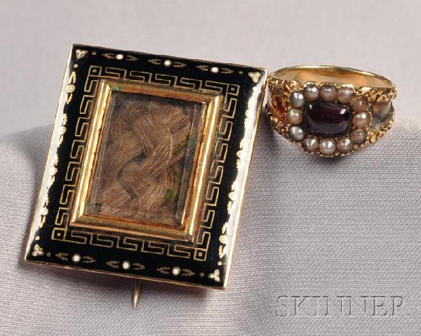Two Antique Memorial Jewelry Items, the brooch cen: Two Antique Memorial Jewelry Items, the brooch centering a braided hairwork panel within a black enamel frame with meander devices, the chased and engraved ring centering a foil-back purple stone fram