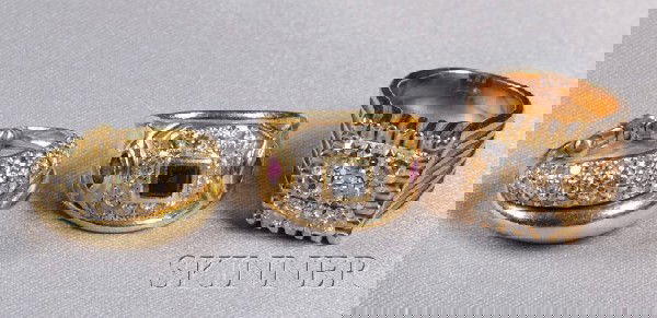 Three 18kt Gold, Diamond, and Gem-set Rings, the f: Three 18kt Gold, Diamond, and Gem-set Rings, the first with joined pave diamond and plain polished bands, signed Jose Hess; another with nine full-cut diamonds, approx. total wt. 1.00 cts., ribbed mou